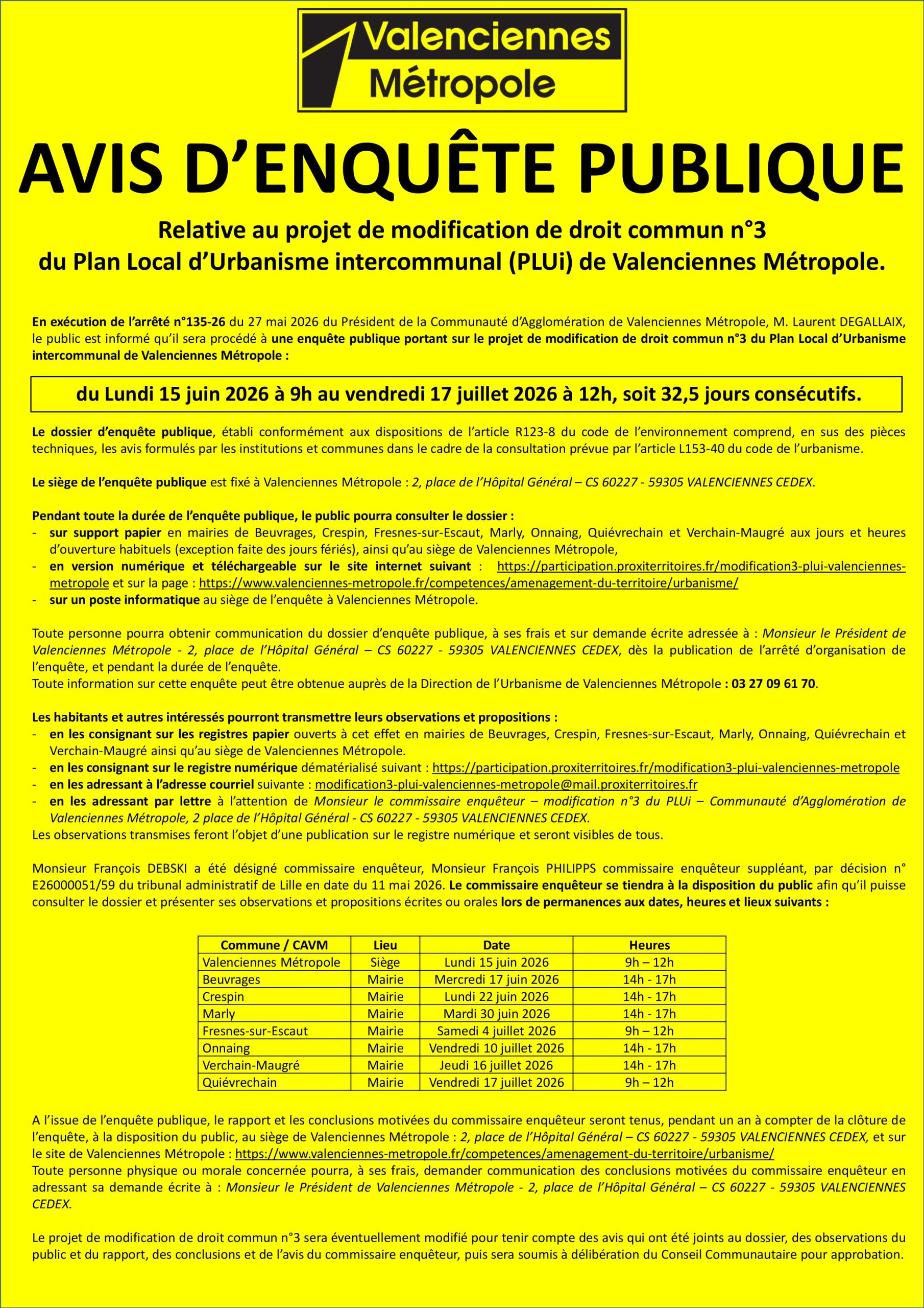 Avis d&rsquo;enquête publique relative au projet de modification de droit commun n°3 du PLUi