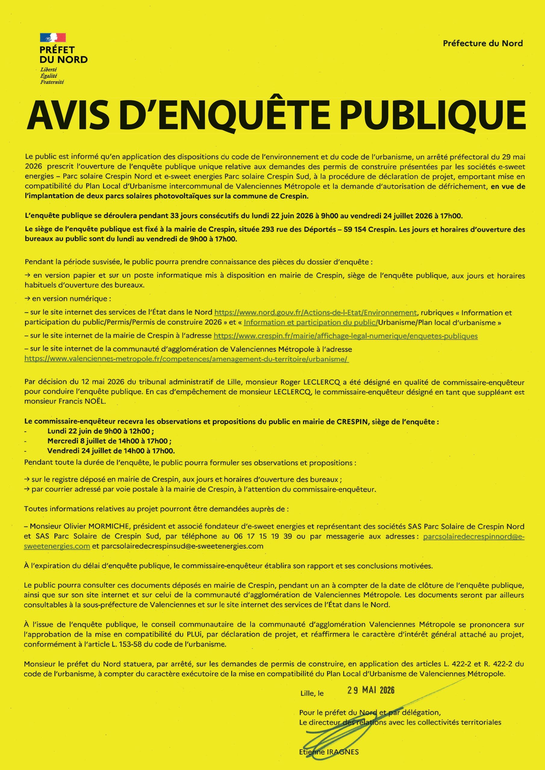 Avis d&rsquo;enquête publique sur l’implantation de deux parcs solaires photovoltaïques sur la commune de Crespin