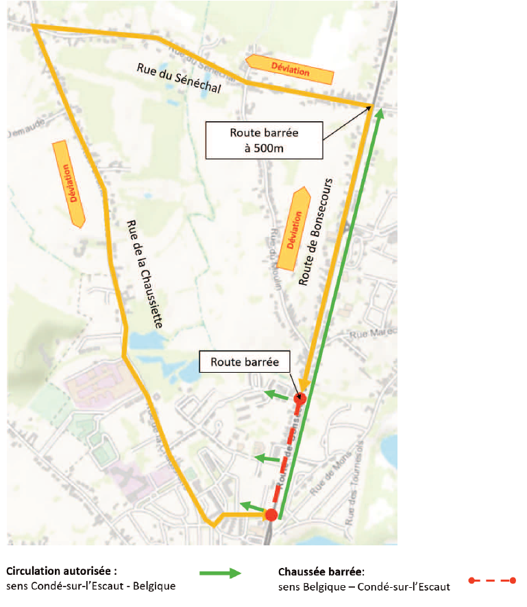 À partir du 6 juillet 2026 et jusqu’à mi-septembre, le
tronçon de la route départementale de Bonsecours sera fermé à la circulation entre la rue des
Cytises et la rue de Quaregnon, dans le sens Belgique - Condé-sur-l’Escaut.